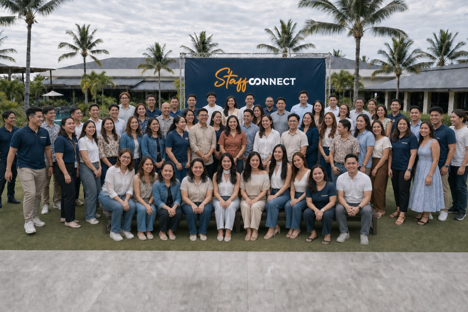 Staff Connect team gathering for a group photo on a resort lawn at the Staff Connect 2026 Convention under a Staff Connect banner