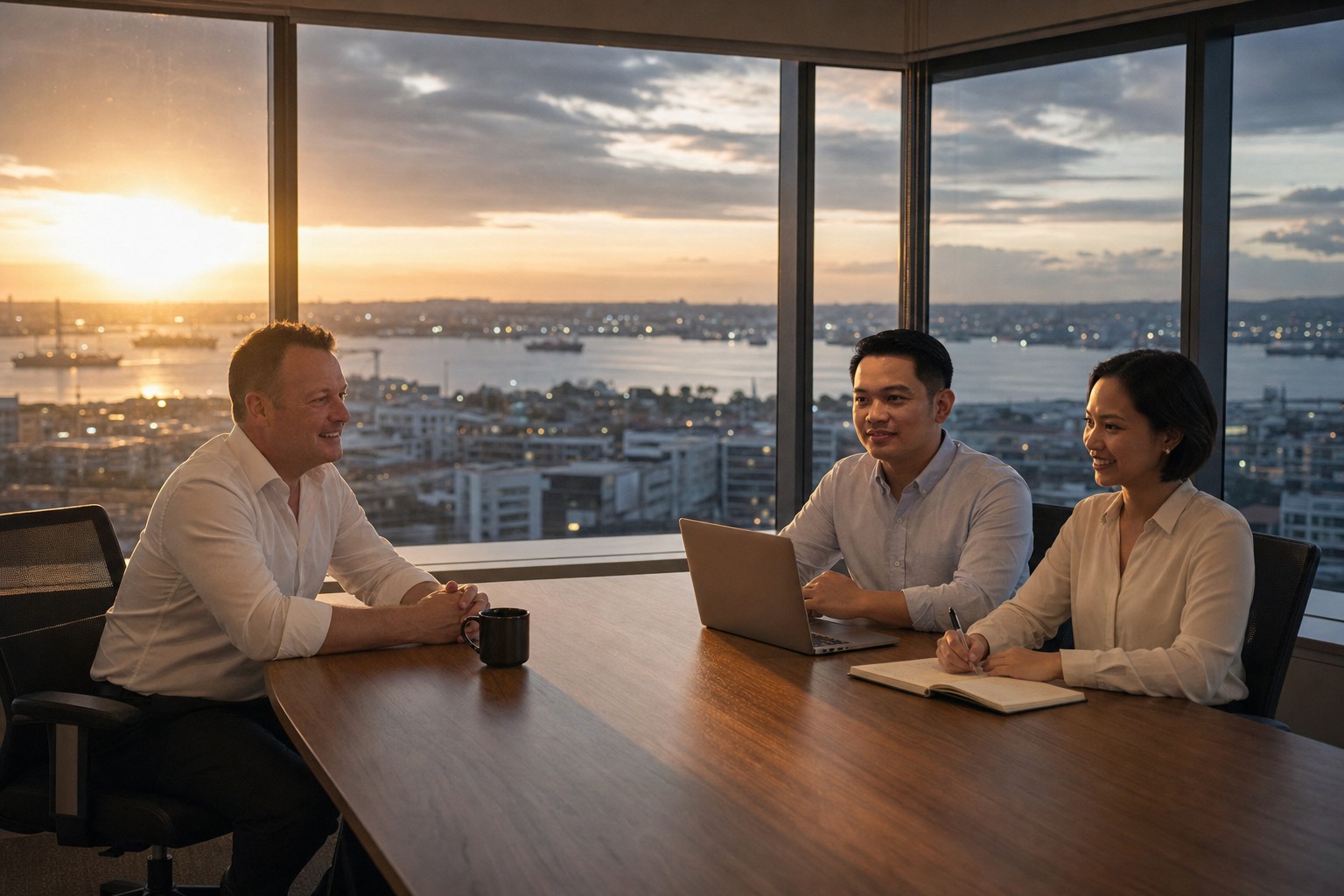 Staff Connect director meeting with team members at golden hour