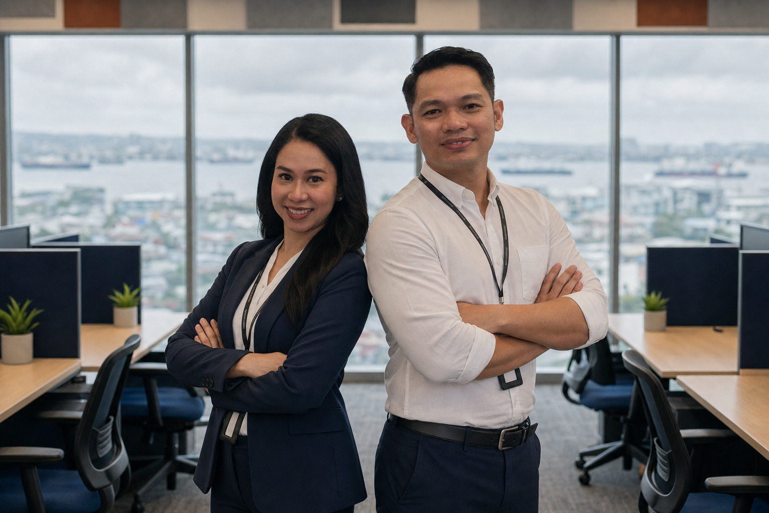 Two Staff Connect professionals standing back to back in the Manila office