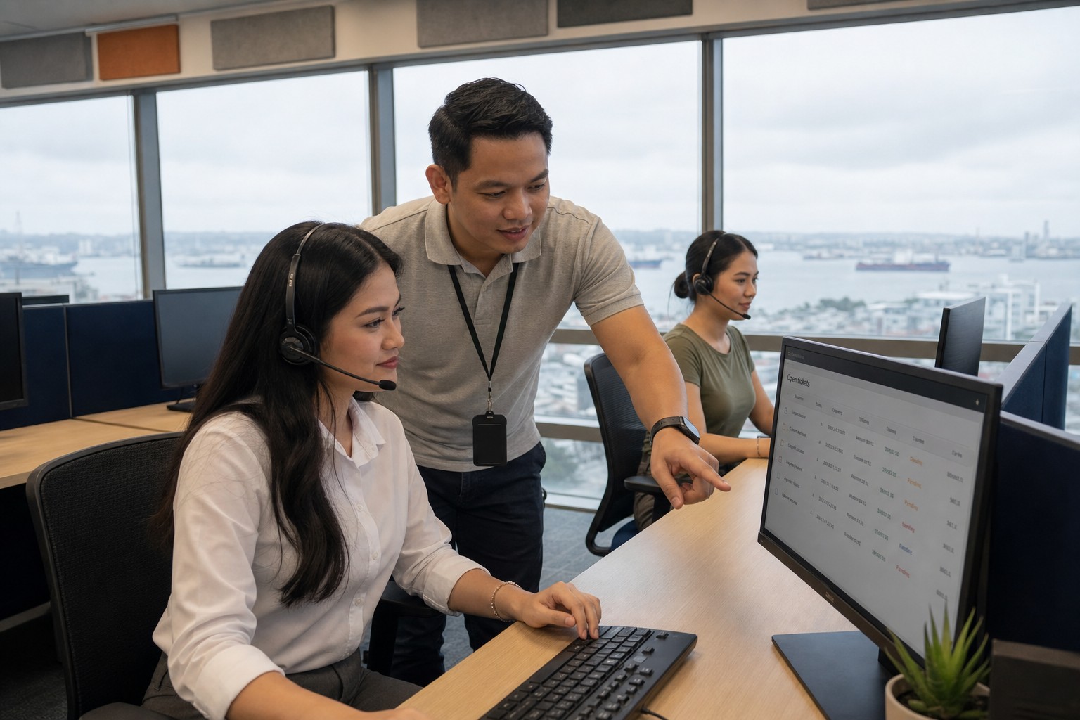 Staff Connect team leader coaching an agent at her desk