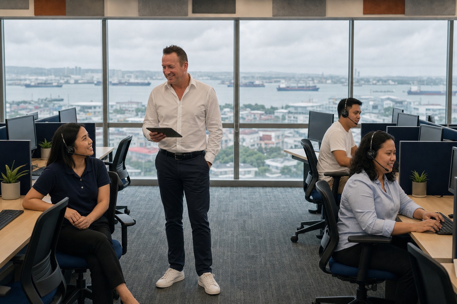 Staff Connect director talking with agents on the call-centre floor
